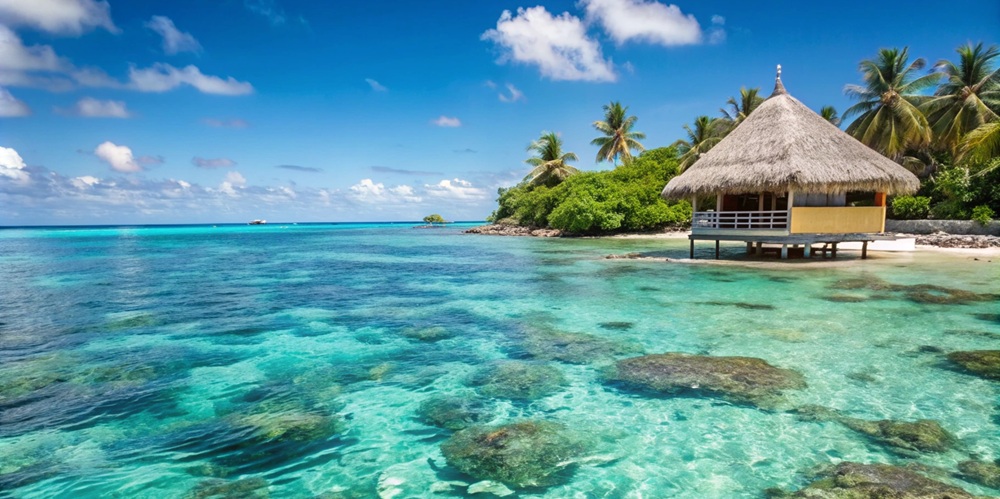 Tropical beach hut with turquoise water. Tropical beach hut with turquoise water.
